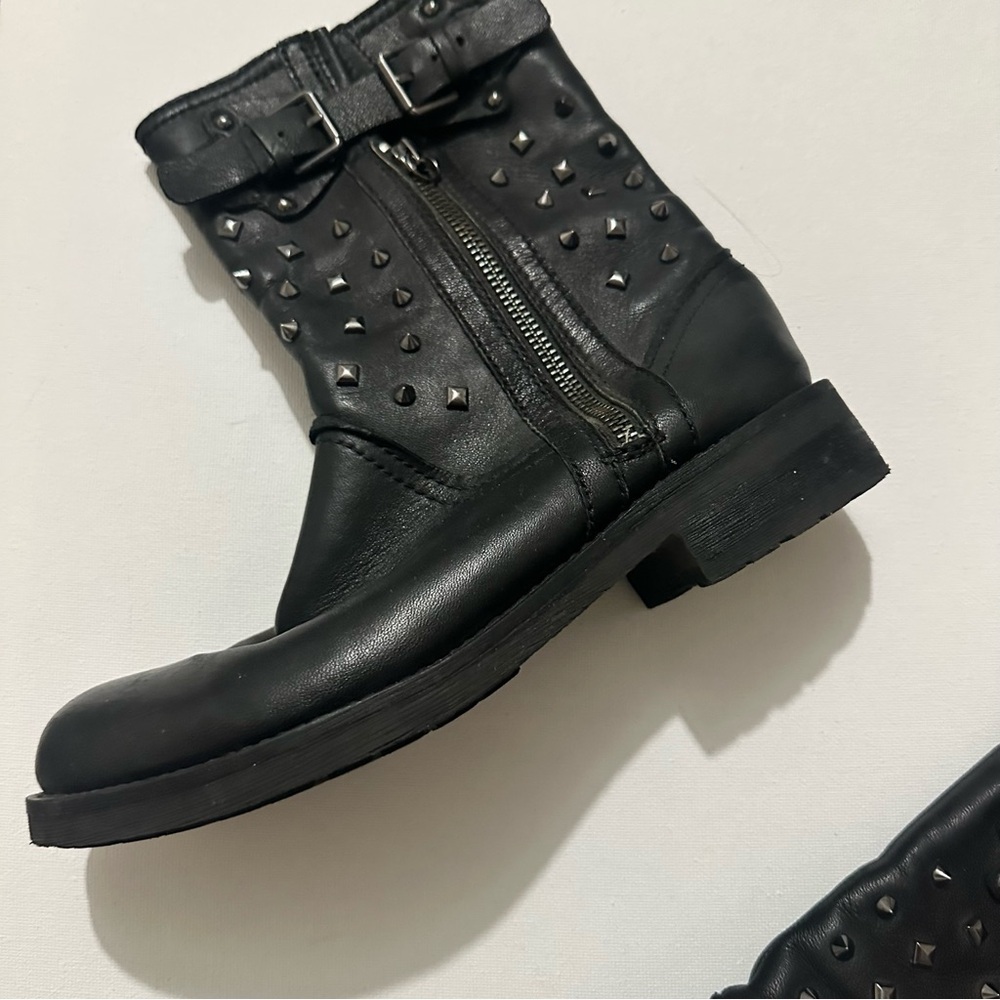 Geox Black Respira Virna Leather Plaid Lined Silver Spikes Moto Boots Sz 6 / 37 - Picture 6 of 15